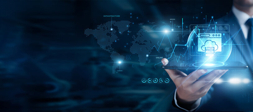 Businessman using the tab and analyzing web hosting data, server management, cloud infrastructure, website deployment, IT solutions, hosting performance, digital platform management, website uptime
