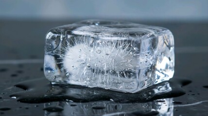 Macro Close-up of Melting Ice Cube with Water Droplets