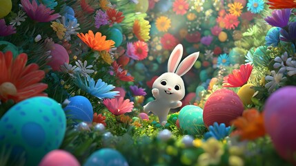Adorable animated bunny amidst vibrant Easter eggs and blooming flowers