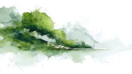 Naklejka premium Serene watercolor landscape with lush green trees and calm lake.