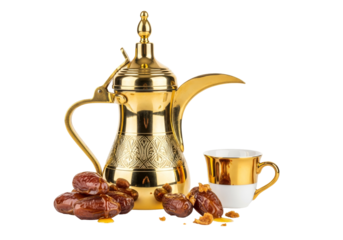 golden arabic coffee pot with dates and cup on white background