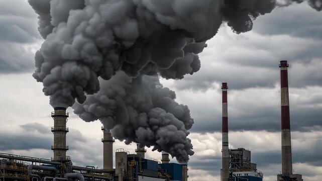 A power plant with smoke coming out from chimneys. Global warming and air pollution concept. Timelapse animation. High quality 4k footage