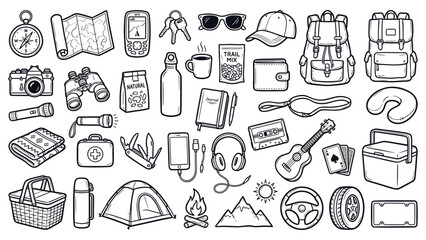 Camping trip preparation with various adventure gear and equipment illustrated in a collection of icons