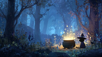Animated scene of a black cat in witch attire beside a bubbling cauldron in a blue-toned forest