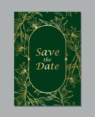 Luxury "Save the Date" card, gold lily flowers and oval frame on emerald green. Vector wedding invitation for high-end events and galas.