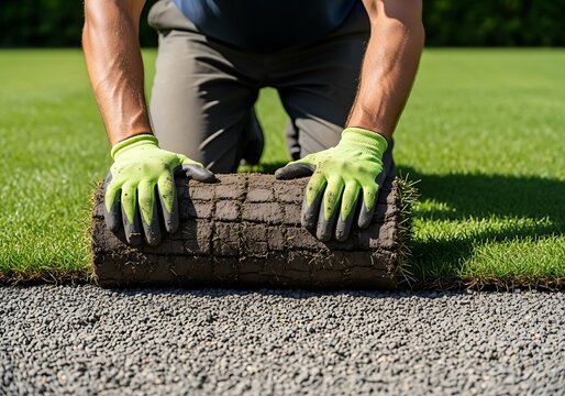 Professional landscaper carefully unrolling a heavy roll of fresh turf sod, high-detail shot of dirty work gloves installing new lawn for home improvement and gardening services advertising - Powered by Adobe