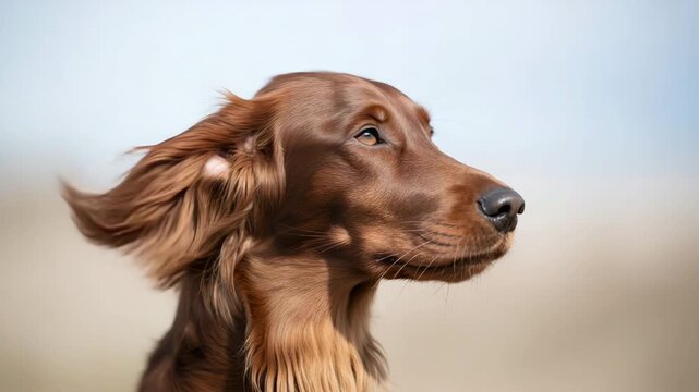 Elegant irish red setter portrait with flowing fur in golden light