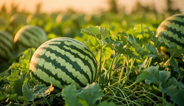 Ripe watermelon in agricultural field at sunset, green striped watermelon