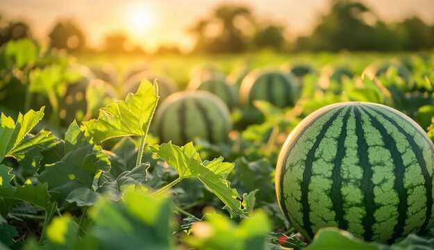 Ripe watermelon in agricultural field at sunset, green striped watermelon