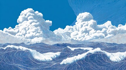 Artistic depiction of a turbulent sea under a dynamic, cloudy sky with sun rays peeking through