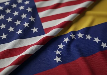 Dramatic high-contrast close-up of overlapping US and Venezuelan flags, symbolizing complex international relations, geopolitical challenges, trade agreements, and bilateral crisis imagery