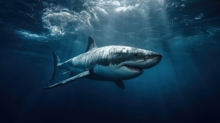 Fototapeta premium Majestic great white shark gliding through sunlit ocean depths.