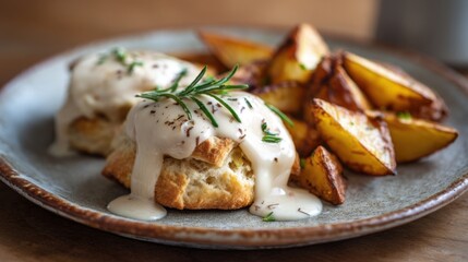 Savory biscuits with gravy and roasted potatoes garnished with rosemary.