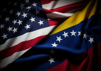 Dramatic high-contrast close-up of overlapping US and Venezuelan flags, symbolizing complex international relations, geopolitical challenges, trade agreements, and bilateral crisis imagery