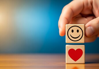 Hand placing a positive smiley face rating block onto a heart symbol cube, symbolizing excellent customer service feedback and satisfaction, panoramic shallow depth of field shot