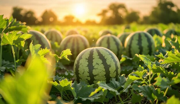 Ripe watermelon in agricultural field at sunset, green striped watermelon