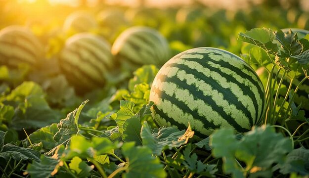 Ripe watermelon in agricultural field at sunset, green striped watermelon