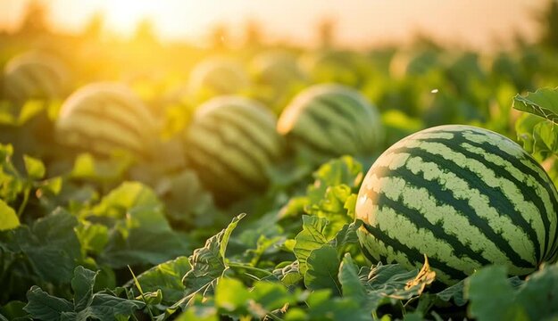 Ripe watermelon in agricultural field at sunset, green striped watermelon