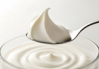 High-key macro photography of perfectly sculpted Greek yogurt on a spoon, emphasizing rich, creamy texture and purity, ideal for commercial dairy branding, health food advertising, and clean recipe