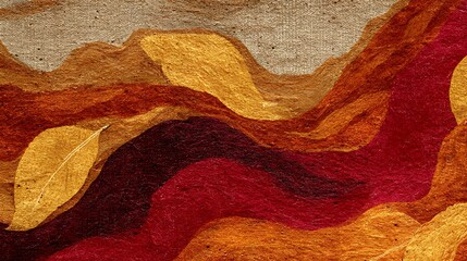 Artistic layered representation of autumn colors and textures with a fallen leaf element