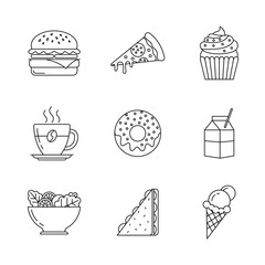 Food Line Icons Set, Burger, Pizza, Dessert, Coffee and Snacks Outline Illustration
