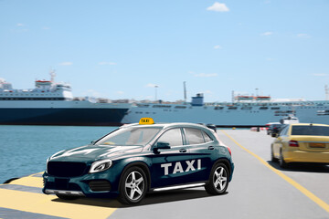 Black taxi car waiting on pier. Transportation service