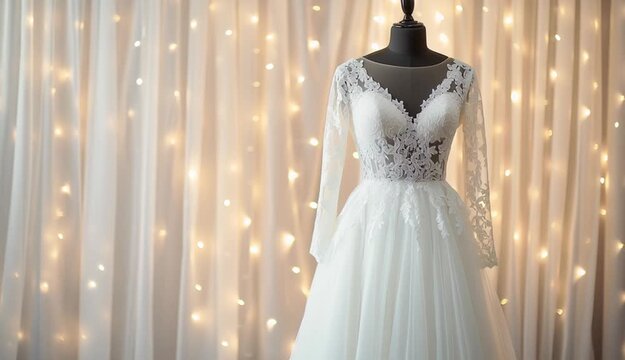 Elegant white wedding dress on black mannequin stand, intricate white lace bodice with V-neckline