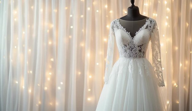 Elegant white wedding dress on black mannequin stand, intricate white lace bodice with V-neckline