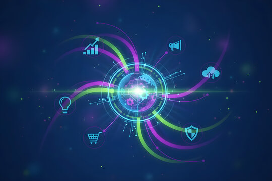 Neon abstract orbit lines with digital icons on dark background