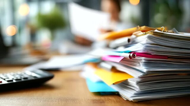Messy desk with stapled reports ruler calculator and highlighters partial person visible but faceless shallow depth defocused background manual analytics paperwork office