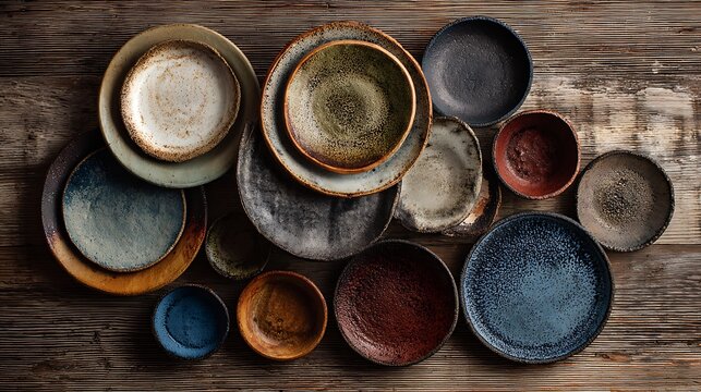 Assortment of ceramic plates, various sizes and colors, arranged on a weathered wooden surface - Powered by Adobe