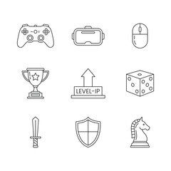 Gaming and Strategy Line Icons Set, Controller, VR Headset, Trophy and Chess Outline
