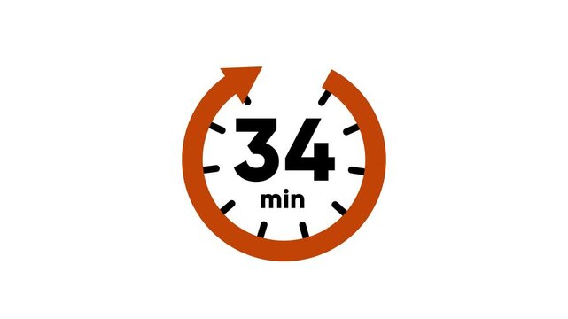 Timer 34 minutes orange clock with circular arrows on white background