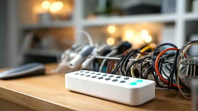 Smart home hub on shelf with cable spaghetti behind hand holding label maker but text blurred organizing tech home network cable management IoT hub cyber hygiene defocused