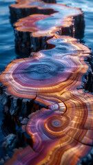 Floating Tree Trunks with Vividly Colored Rings Reflecting Artistic Growth and Organic Fluidity