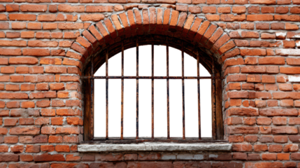prison window with iron bars in red brick wall isolated on white or transparent png