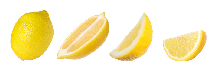 Fresh lemon isolated on white, set. Whole and sliced
