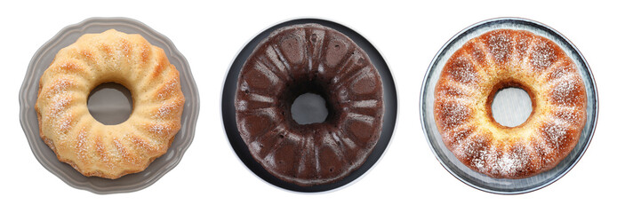 Set of delicious Bundt cakes isolated on white, top view