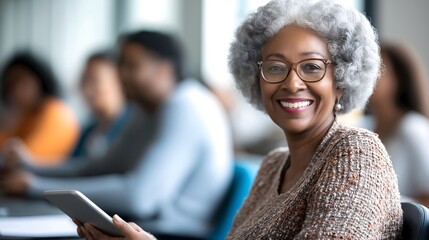 Smiling woman with curly hair participates in class discussion