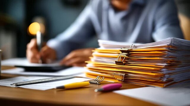 Messy desk with stapled reports ruler calculator and highlighters partial person visible but faceless shallow depth defocused background manual analytics paperwork office