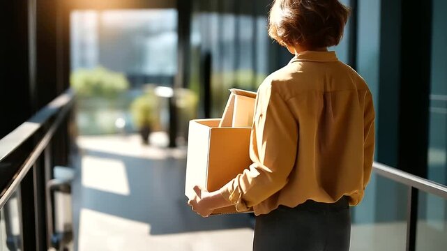 Office corridor person carrying a cardboard box of gadgets like leaving work behind shot from behind faceless strong negative space digital detox burnout recovery tech