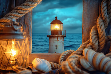 Vintage Lighthouse with Nautical Decor and Warm Beacon Glow
