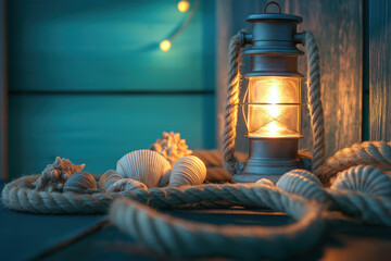 Vintage Lighthouse with Nautical Decor and Warm Beacon Glow