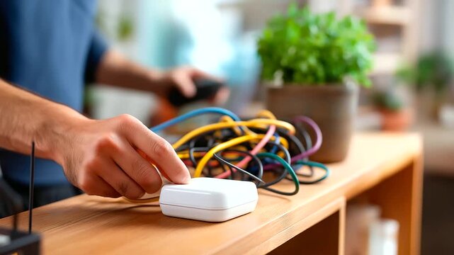 Smart home hub on shelf with cable spaghetti behind hand holding label maker but text blurred organizing tech home network cable management IoT hub cyber hygiene defocused