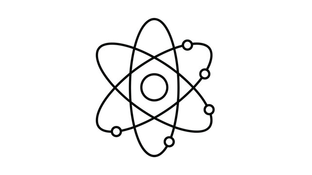 Simple black and white illustration of an atom with orbiting electrons around a nucleus