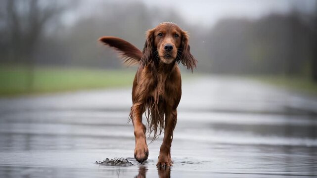 Active irish red setter running in misty morning park landscape