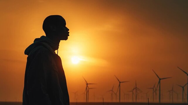 Silhouetted Young Black Man Standing Proudly at Sunset with Wind Farm