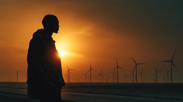 Silhouetted Young Black Man Standing Proudly at Sunset with Wind Farm