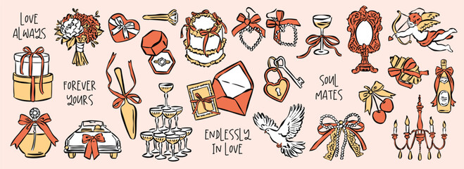 Whimsical hand drawn romantic love and wedding doodles collection. Artwork with adorable love slogans for greeting cards.