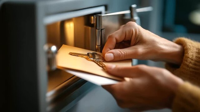 Close up of hands locking a small safe that contains a paper envelope and a security key privacy as routine no readable text home safe account recovery two factor
